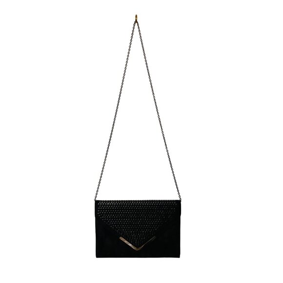 Elegant Black Suede Envelope Clutch With Studded Front and Crossover Chain Strap - Picture 2 of 14